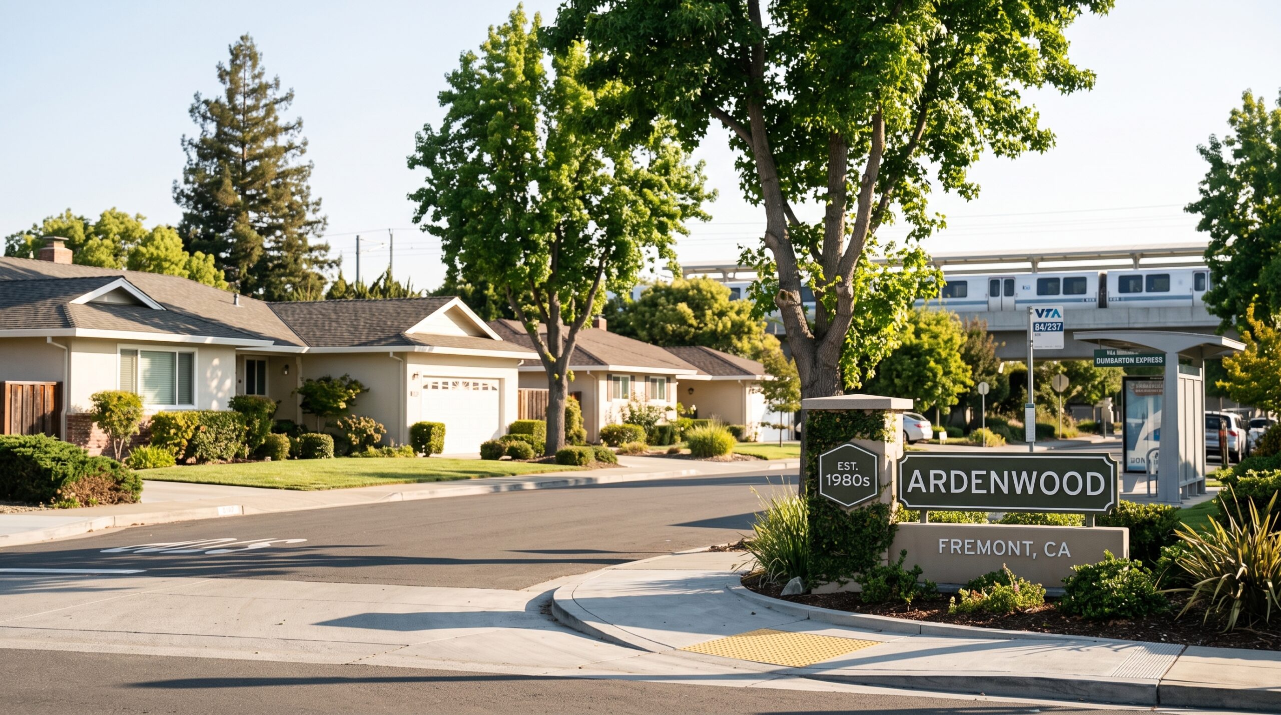 Ardenwood neighborhood entrance sign with single-family homes and commuter transit in Fremont California