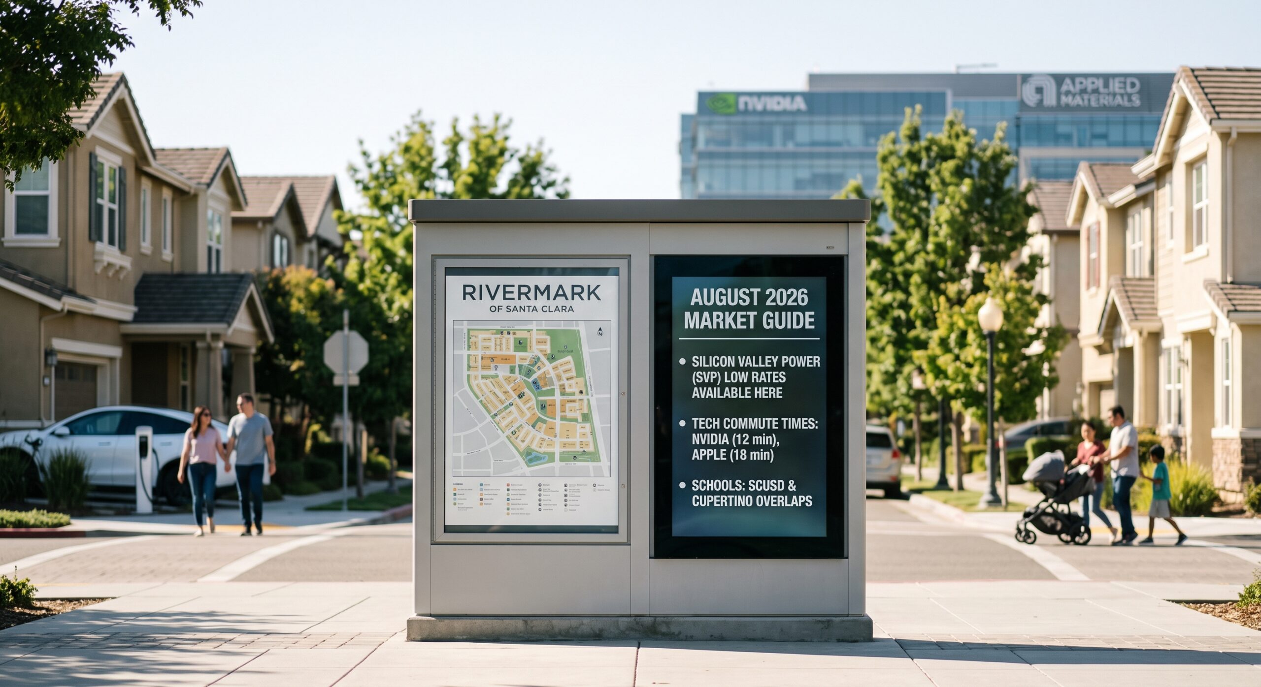 Rivermark neighborhood in Santa Clara CA with single family homes, community kiosk, and Silicon Valley tech corporate buildings