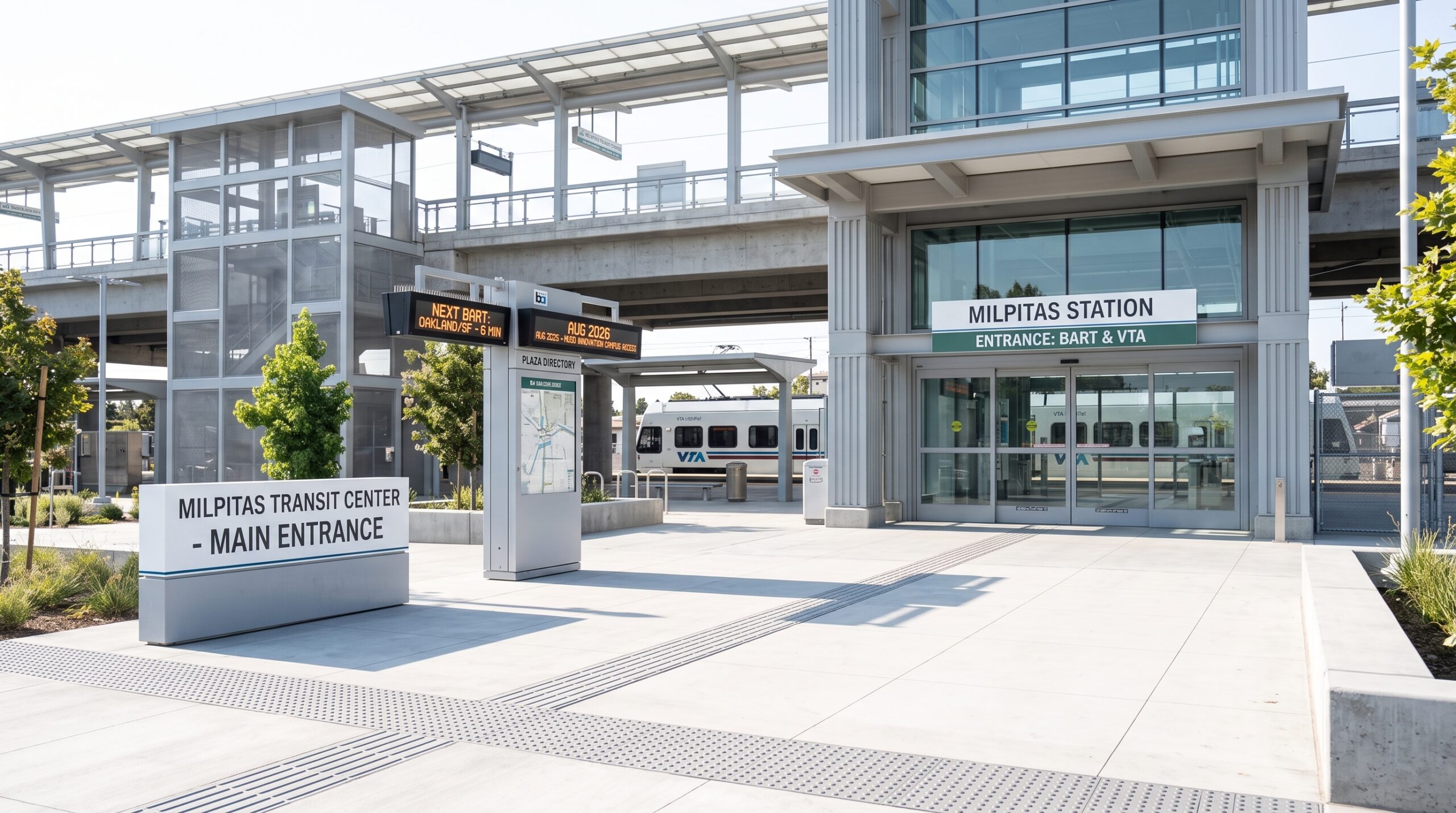 Milpitas Transit Center BART and VTA main entrance connecting Silicon Valley commuters and real estate